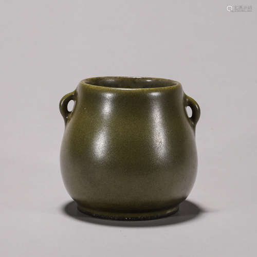 A tea dust glazed porcelain double-eared zun