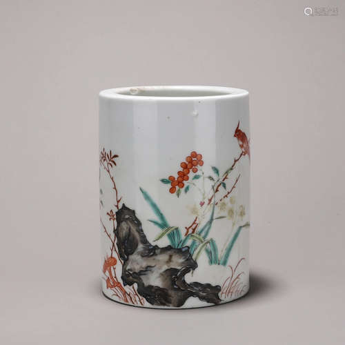 A famille rose bird and flower porcelain brush pot