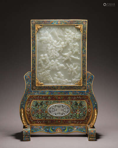 A cloisonne Hetian jade-inlaid screen