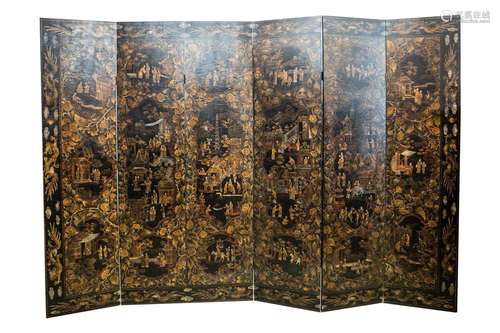 A large Chinese six panel room divider