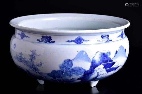 A large Chinese porcelain blue & white Kangxi style censer