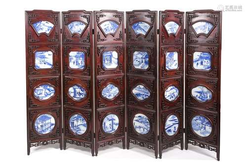 A Chinese six panel hongmu folding room divider with blue & ...