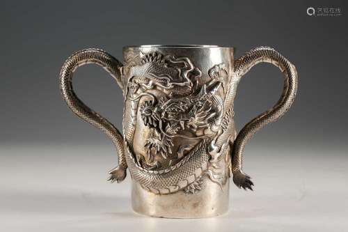 A Japanese double walled silver two handled cup