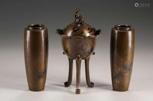 A Japanese bronze garniture by Nogawa