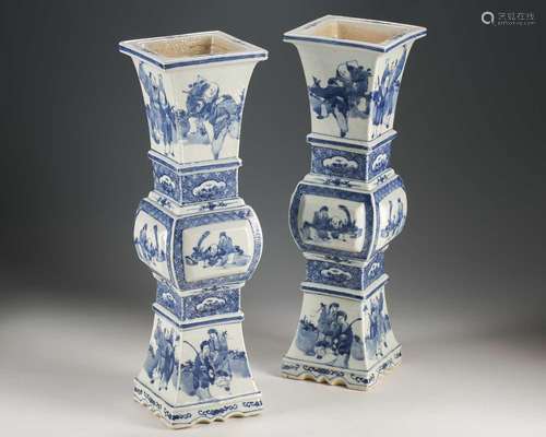 A large pair of Chinese blue & white altar form candlesticks