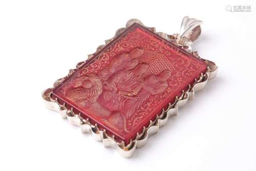 A Persian white metal mounted rectangular red hardstone rect...