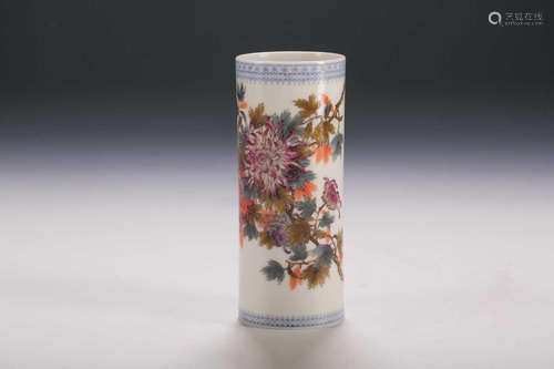 A Chinese cylindrical flowering chrysanthemum vase