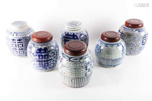 |Six Chinese blue and white rice jars