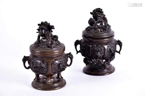 A near pair of Japanese bronze censers