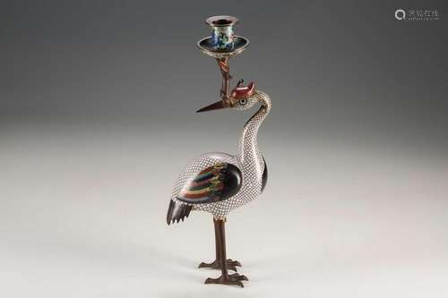 A Chinese cloisonne candlestick modelled as a Crane