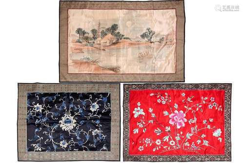 Three Chinese embroidered silk panels