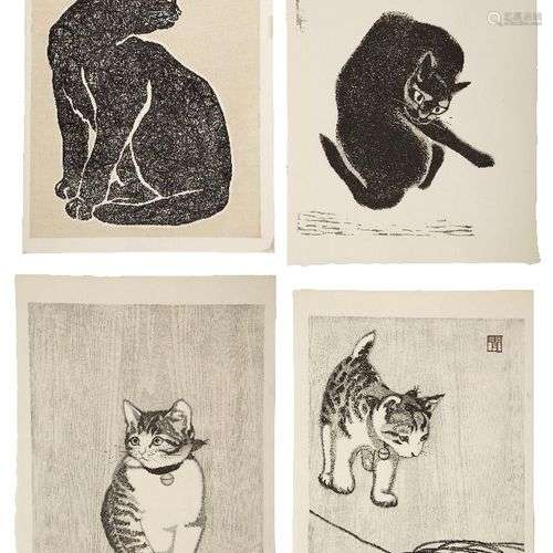 Aoyama Masaharu, Japonais 1893-1969, chats, trois gravures s...