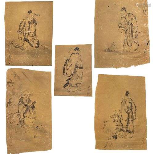 Cinq Encre sur papier d'après Kano Chikanobu, Japonais 1615-...