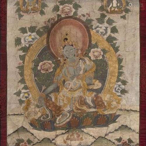 Un thangka tibétain de Tara verte, 19ème siècle, assise au m...
