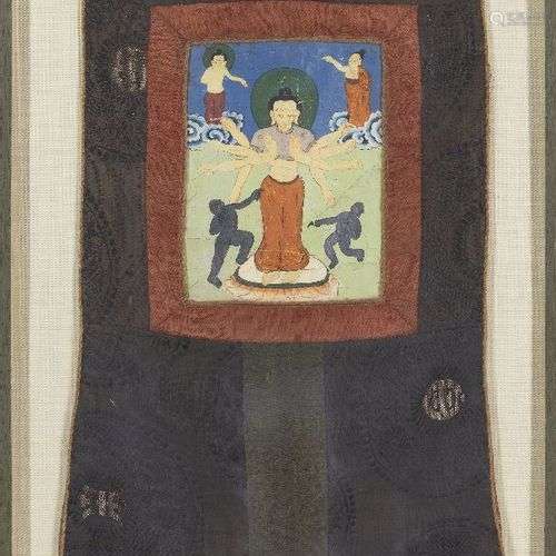 Un petit thangka tibétain peint avec une divinité à huit bra...