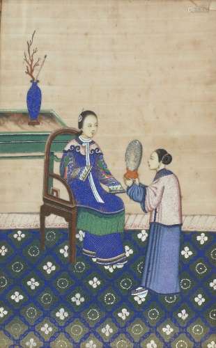 Une peinture chinoise en papier de riz d'une dame assise, fi...