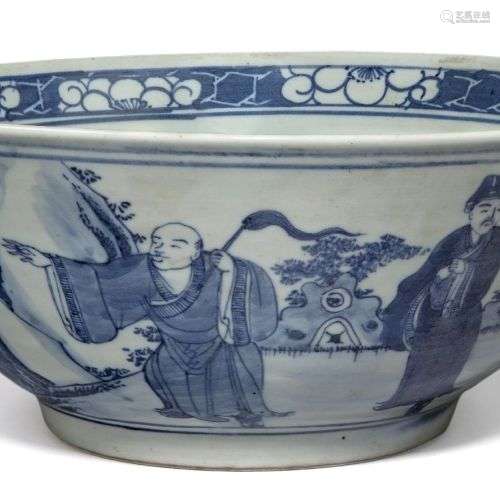 Un grand bol en porcelaine bleue et blanche, 19ème siècle, d...