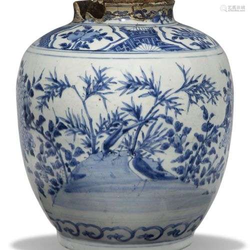 Une jarre ovoïde en porcelaine chinoise bleue et blanche, fi...