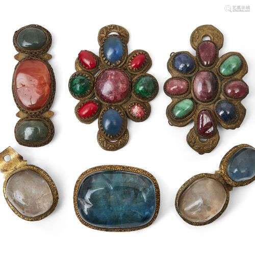 Five Chinese/Tibetan hardstone set buckles, 19th century, to...