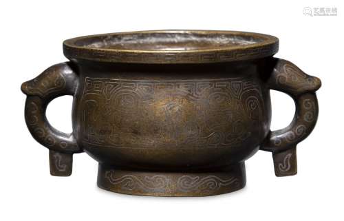 Brûleur d'encens chinois en bronze et argent incrusté, 18e s...