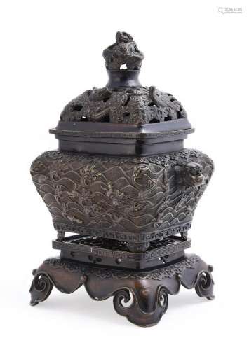A Chinese bronze rectangular shaped two-handled censer