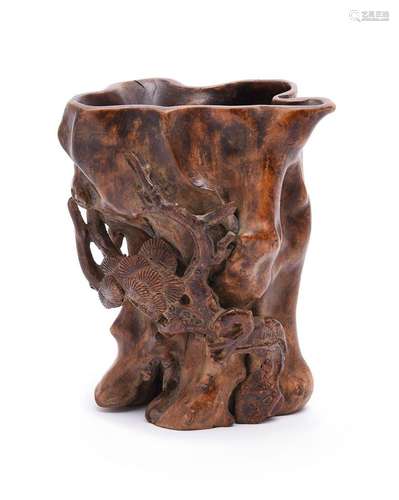 A Chinese boxwood inlaid aloeswood brushpot