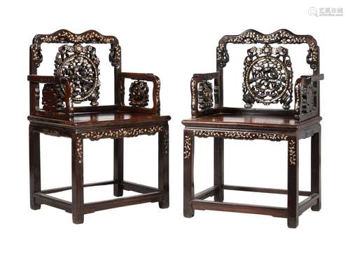 A pair of Chinese carved hardwood and mother of pearl