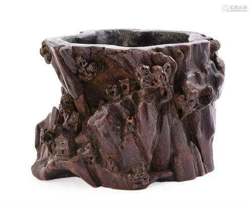 A rare Chinese carved aloeswood brush pot