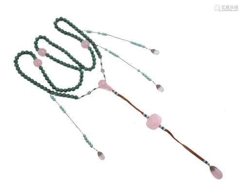 A Chinese aventurine and rose quartz Court necklace