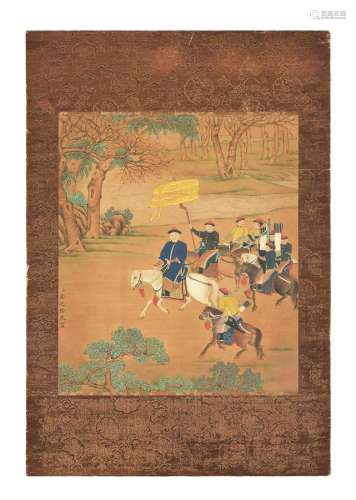 A Chinese painting on silk painting of court figures on