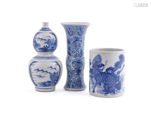 A Chinese blue and white brush pot