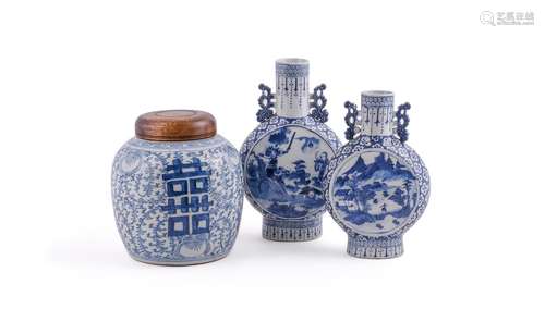 Two Chinese blue and white Moon flasks