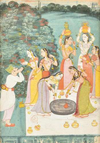 A Rajput warrior being offered water by courtly ladies