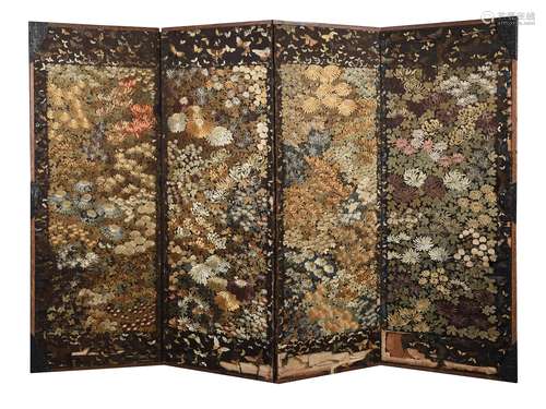 A Japanese Four Fold Textile Screen