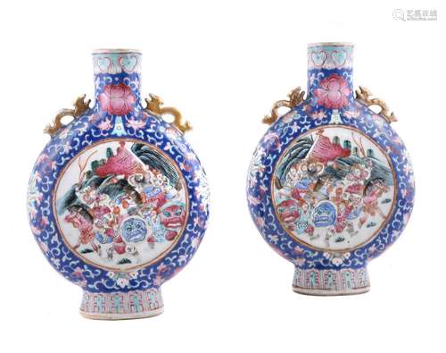 A pair of Chinese famille rose moon flasks