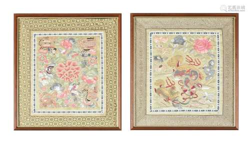 A pair of Chinese embroidered silk panels