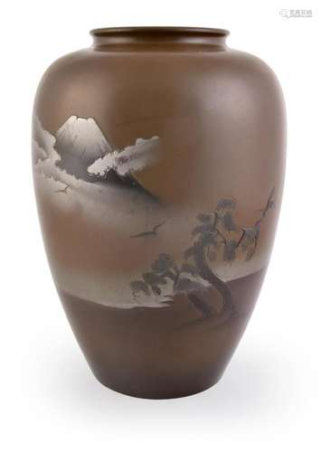 A Japanese Bronze Vase of tapering ovoid form rising to