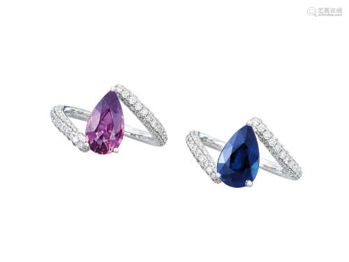 藍寶石配鑽石戒指鑲18K白金兩隻(2)