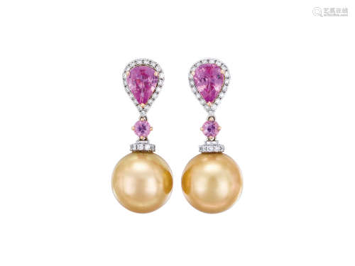 金珍珠、粉紅剛玉配鑽石耳環鑲18K玫瑰金及白金(2)