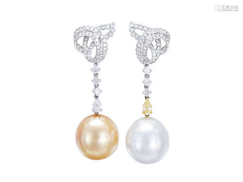 珍珠配鑽石耳環鑲18K黃白金(2)