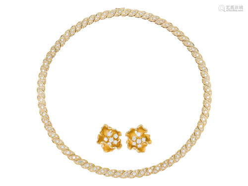 鑽石耳環及鑽石頸鍊鑲18K黃金(3)