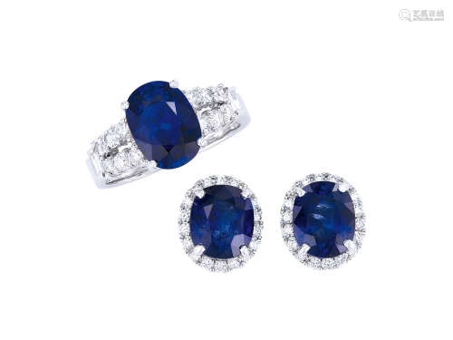 藍寶石配鑽石戒指及耳環鑲18K白金(3)