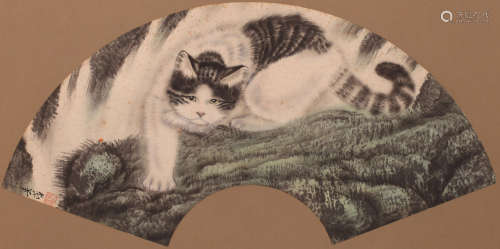 米春茂 猫扇面 纸本