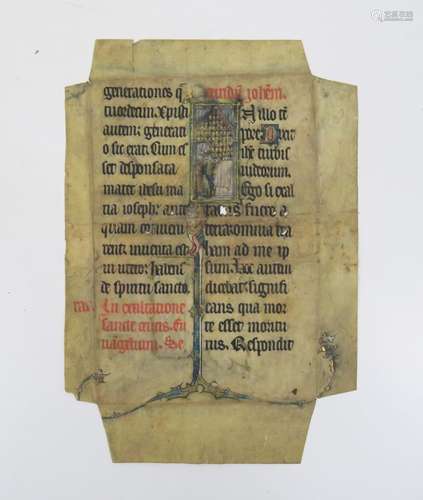 [Enluminures]. Feuillet sur parchemin, manuscrit recto-verso...