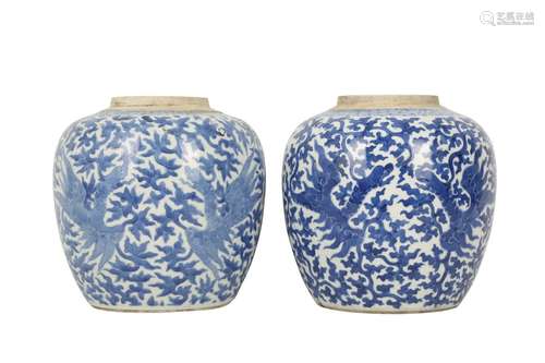 A NEAR-PAIR OF CHINESE BLUE AND WHITE 'DRAGON' JAR...