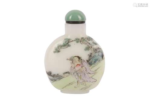 A CHINESE FAMILLE ROSE GLASS 'LIU HAI' SNUFF BOTTL...