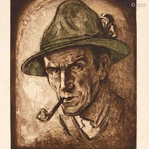 Max Brüning (1887-1968), Homme à la pipe, eau-forte colorée ...