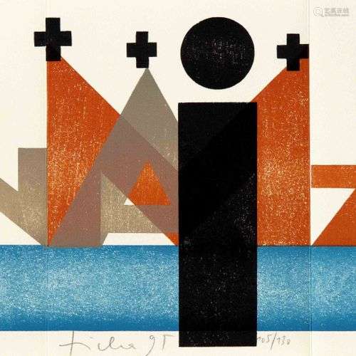 Hans Ticha (*1940), gravure sur bois en couleur, carte plian...