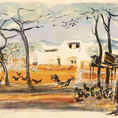 Nanette Genoud (1907-1987), Cour de poulets dans un paysage ...