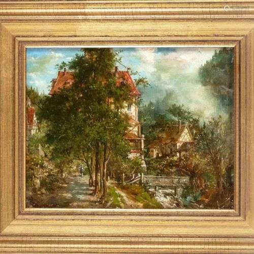 monogramme M, peintre et 1900, paysage de village avec torre...
